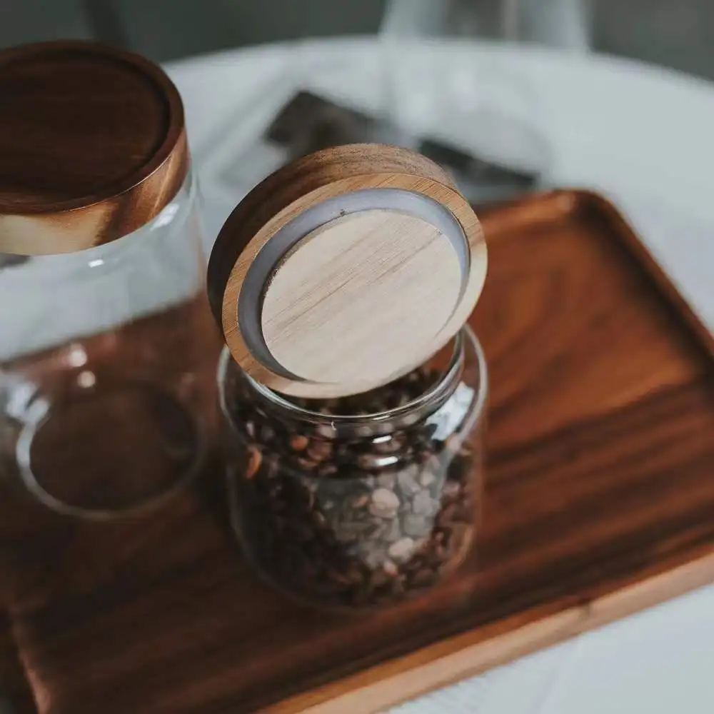 Tarro de almacenamiento de vidrio de cocina, contenedor de vidrio, tapa de madera sellada, tarro de comida de caramelo, botella de contenedor, grano