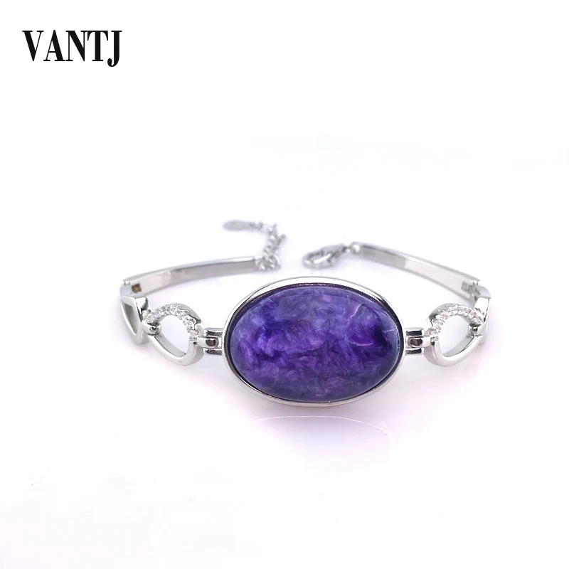 VANTJ Big Stone Natural Charoite Bracelet 925 Sterling Silver oval18*26mm Women and Lady Wedding Engagment Party Gift Box
