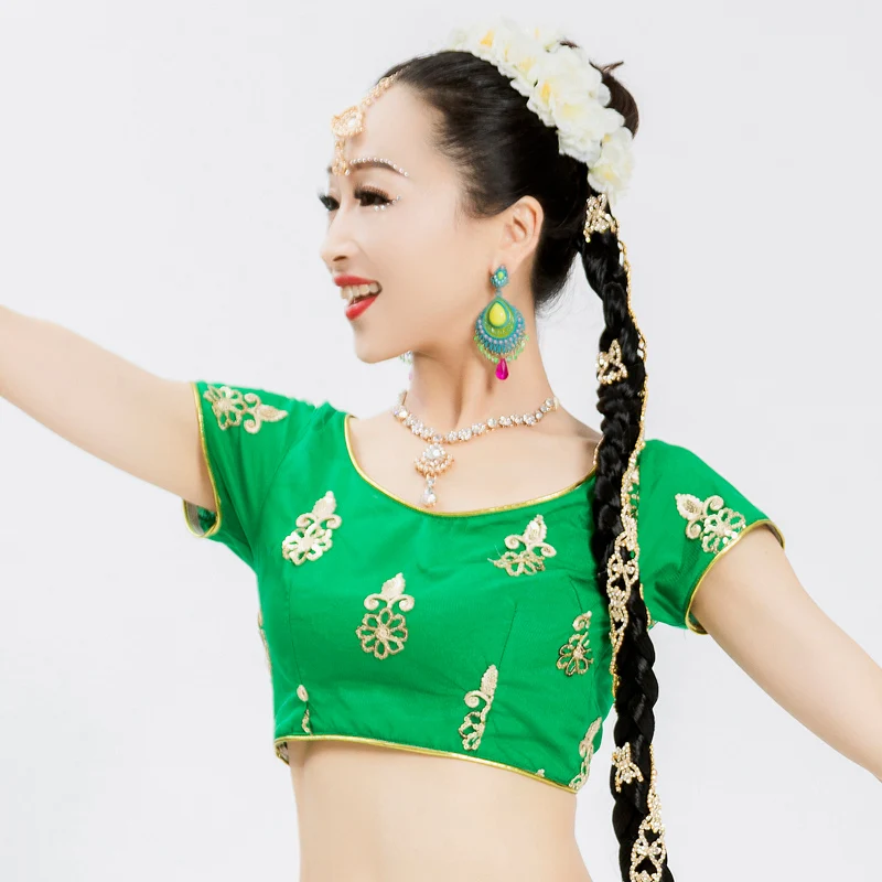 India Clothing New Embroidery Short Sleeve Tops For Women Oriental Dance Shirt Belly Dance Stage Performance Clothes DQL6078