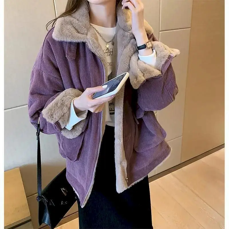 2024 New Winter Coat Women Korean Loose Wild Zipper Corduroy Lamb Wool Jacket Thicken Warm Tooling Cotton Jackets Womens Parkas