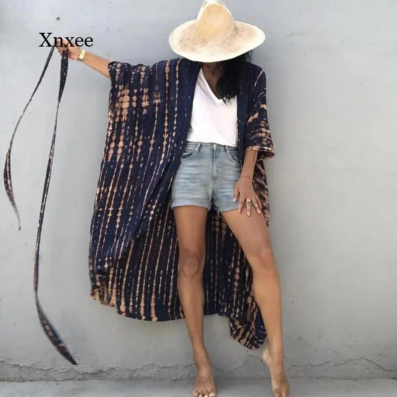 2021 Bikini Cover Up Women Summer Retro Striped Self Belted Kimono Dress Beach Wear Swim Suit Cover-Ups Dresss Cardigan Clothing