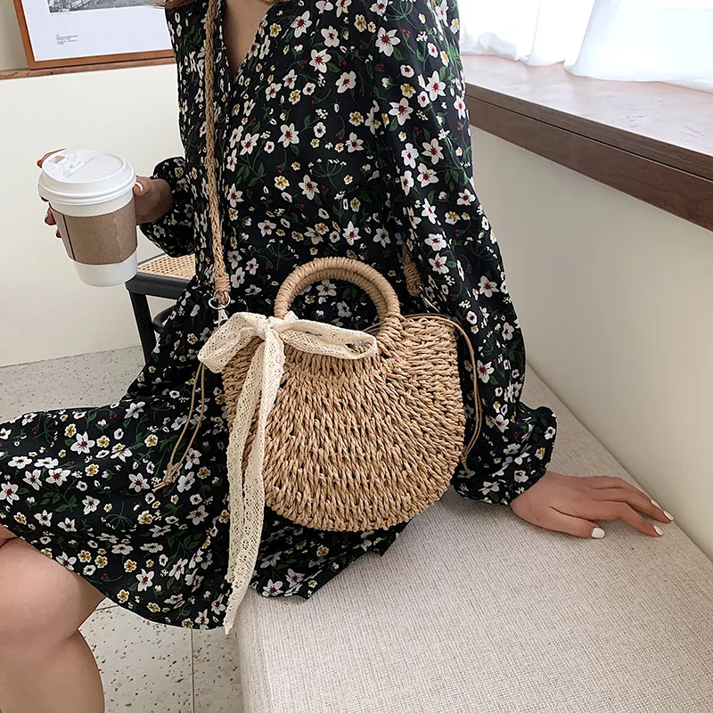 Straw Bag Women Hand-Woven Handbag Moon Shape Lace Bow Rattan Bag Big Capacity Drawstring Casual Beach Shoulder Crossbody Bag