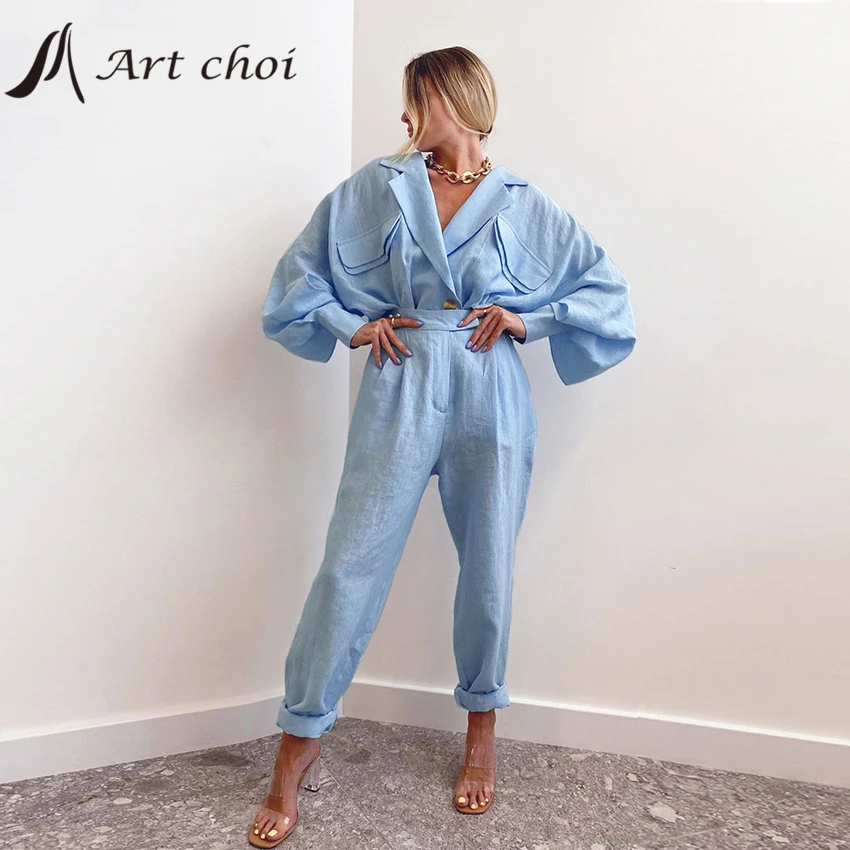 

Spring Autumn Two Piece Set Tracksuit Casual Outfit Suits Women Loose Long Blouse Tops Straight-Leg Pants Linen 2 Piece Sets