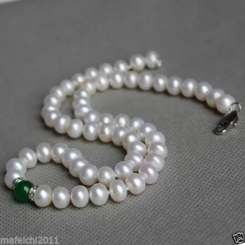 HABITOO Lovely Natual 8-9 Mm White Freshwater Pearl &green Jade Necklace 18