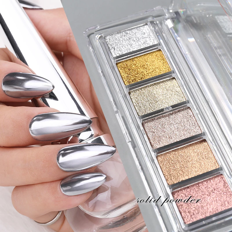 6 Colors Gold Silver Mirror Powder Solid Metallic Effect Nail Art Glitter Polish Rub Dust Pigment Manicuring Art Decoration