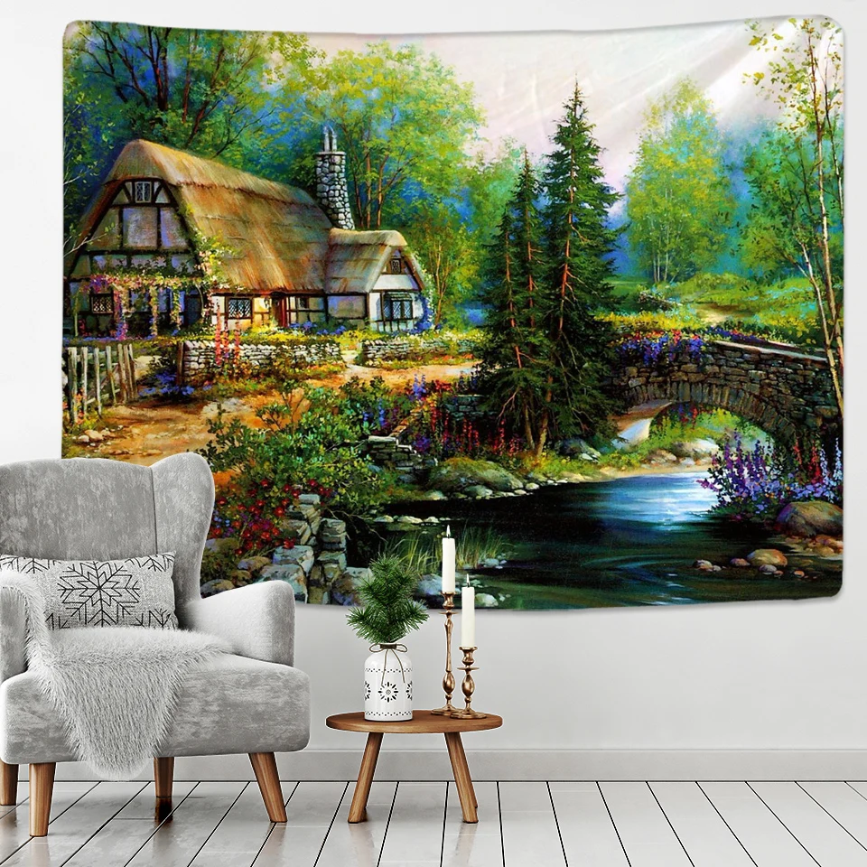 Fairy Tale Cottage Forest Tapestry Wall Hanging Bohemia Art Print Tapestry Room Home Decoration Hippie Pattern