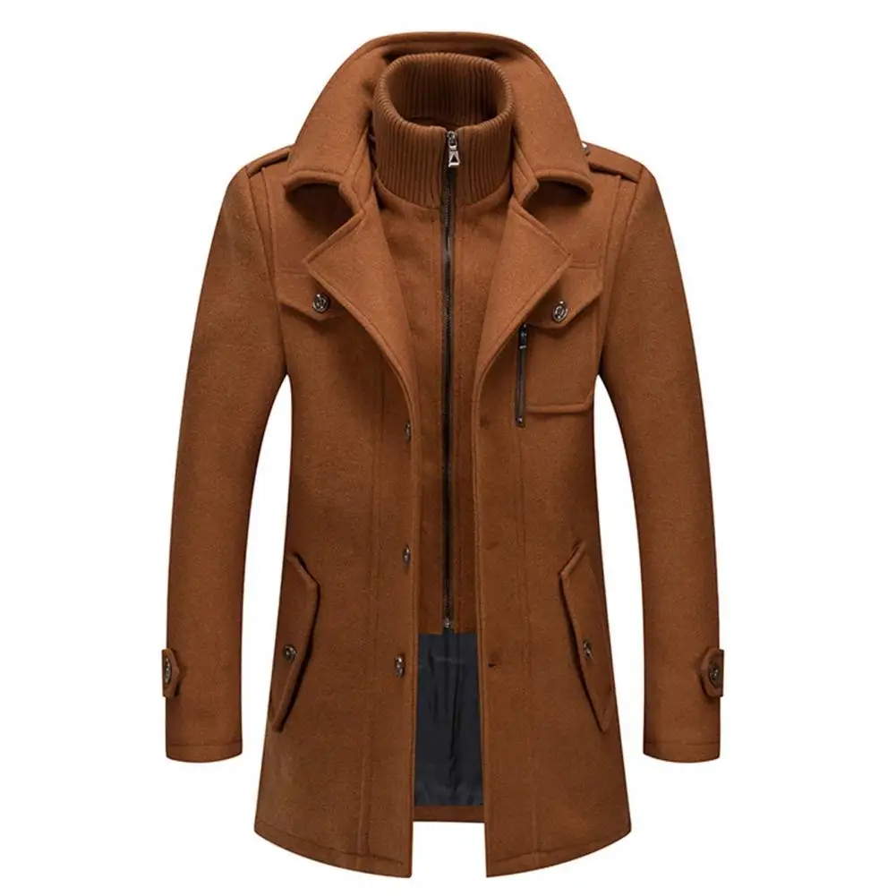 Men Jacket Solid Color Fake Two Piece Autumn Winter Zipper Buttons Coat Mid Length Pure Color Jacket