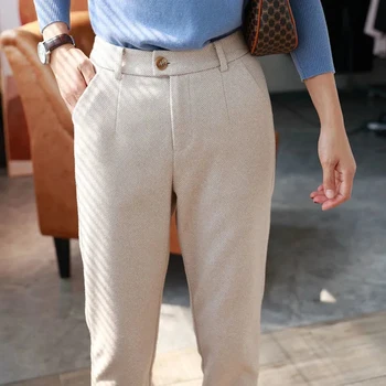 Women's High-Waisted Wool-Look Pencil Pants 3 Woolen Pants Women's Harem Pencil Pants 2026 Autumn Winter High Waisted Casual Suit Pants Office Lady Women Trousers 3
