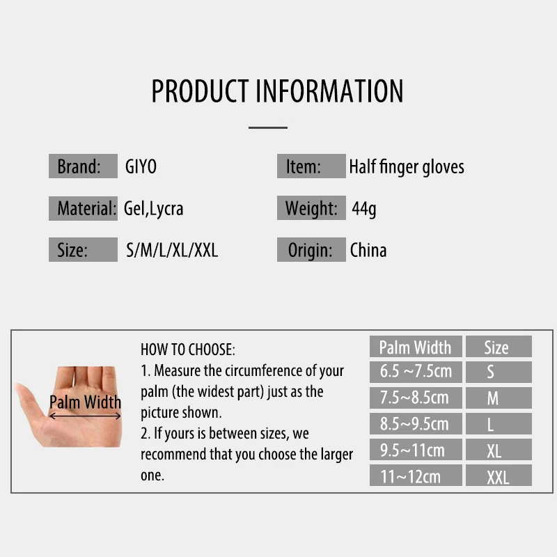 GIYO 남녀공용 사이클링 장갑, MTB 로드 바이크 자전거 장갑, 통기성 반 손가락 실리콘 젤, 체육관 피트니스 러닝, 여름