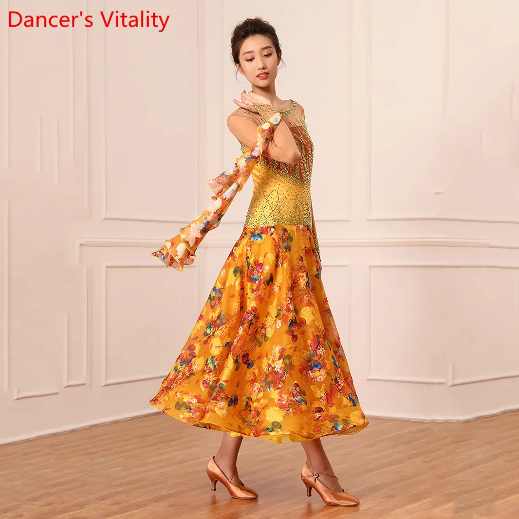 Women Ballroom Cut out Big Hem Dress Performance Costume National Standard Racing Outfits New Waltz Modern Jazz Dancing Clothes