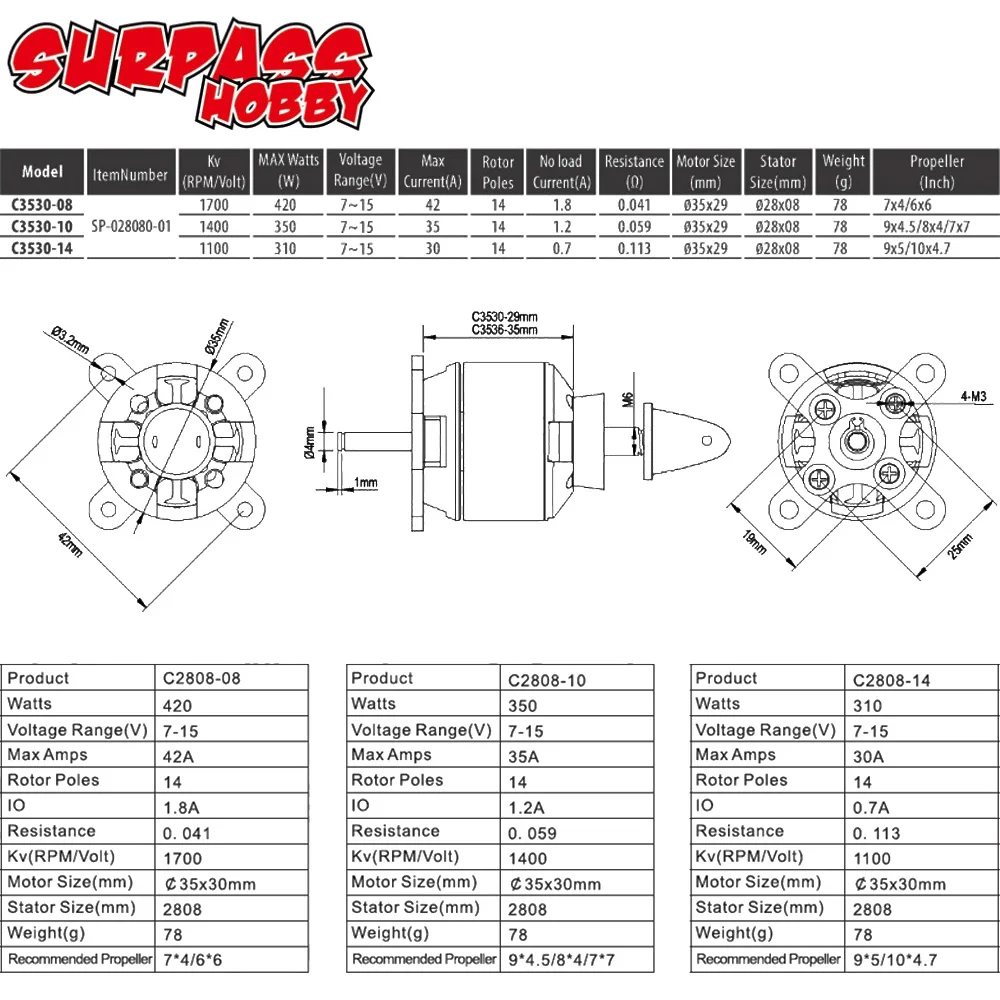 Surpass Hobby C3530 1100KV 1400KV 1700KV 14Poles Outrunner Brushless Motor RC Airplane Fixed-wing Aircraft Multicopters Toys