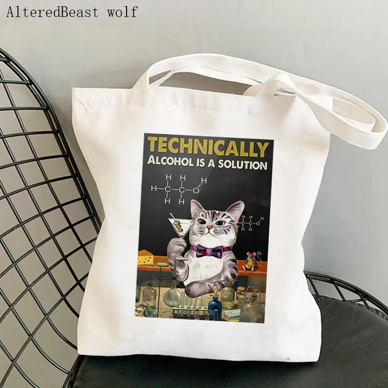 Women Shopper bag Cat Technically Alcohol Is A Solution Bag Harajuku Shopping Canvas Shopper Bag girl Tote Shoulder Lady Bag