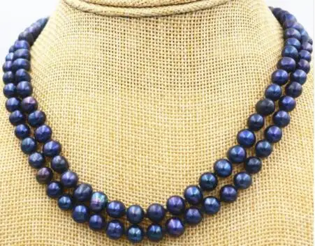 

NEW Beautiful 2 row 7-8mm Black akoya Tahiti Freshwater Pearl Necklace 17-18"