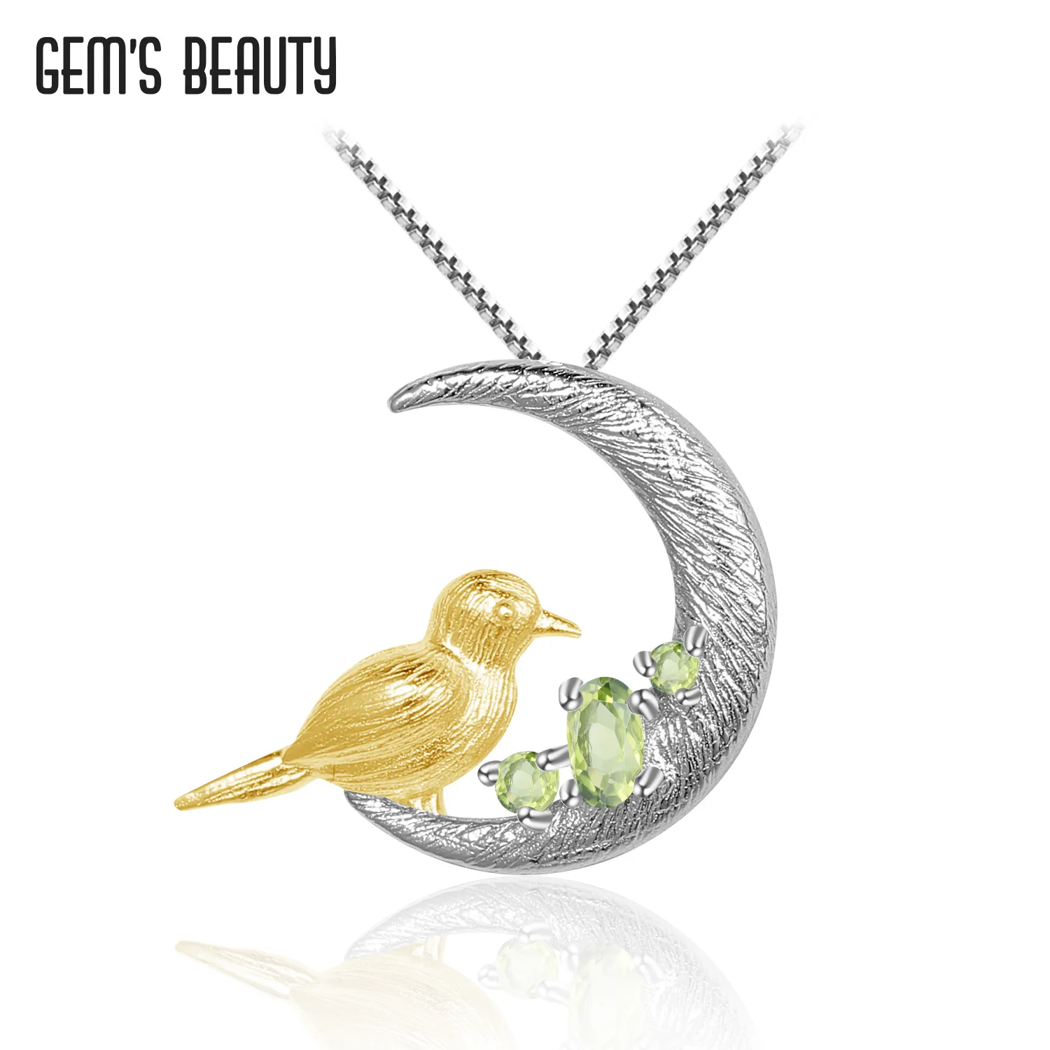 

GEM'S BEAUTY Natural Oval Peridot Handmade Necklace Moon Bird 925 Sterling Silver Necklace For Women Romantic Gift