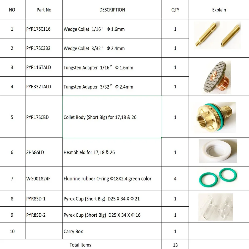 Imagem -05 - Kit Copa Pyrex Corpo de Pinça de Vidro Caixa de Peças Consumíveis para Wp17 Wp18 Série Wp26 Tocha de Soldagem Tig 13 Pcs