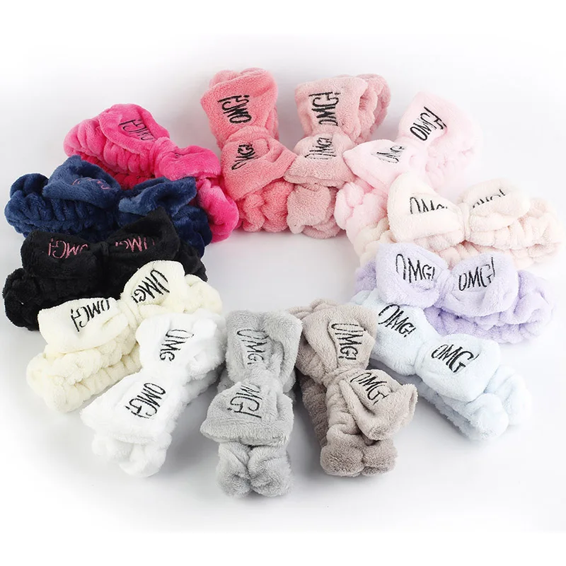 Colorful Women Bow Hair Band Fashion OMG Letters Wash Face Headband Girls Headwear Hairbands Coral Fleece Hair Accessorie W1001