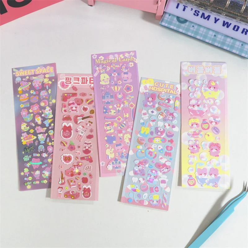 1Pc Kawaii Bear Rabbit Stickers Scrapbooking Decorative Ribbon Cute Sticker Korean DIY Diary Album Stick Label School Stationery