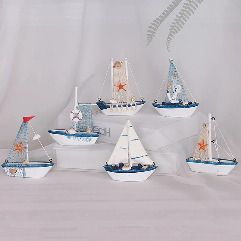 Mediterranean Wooden Model Ships Micro Landscape Sailing Fishing Boat Garden Miniature Figurines DIY Nautical Home Decoration