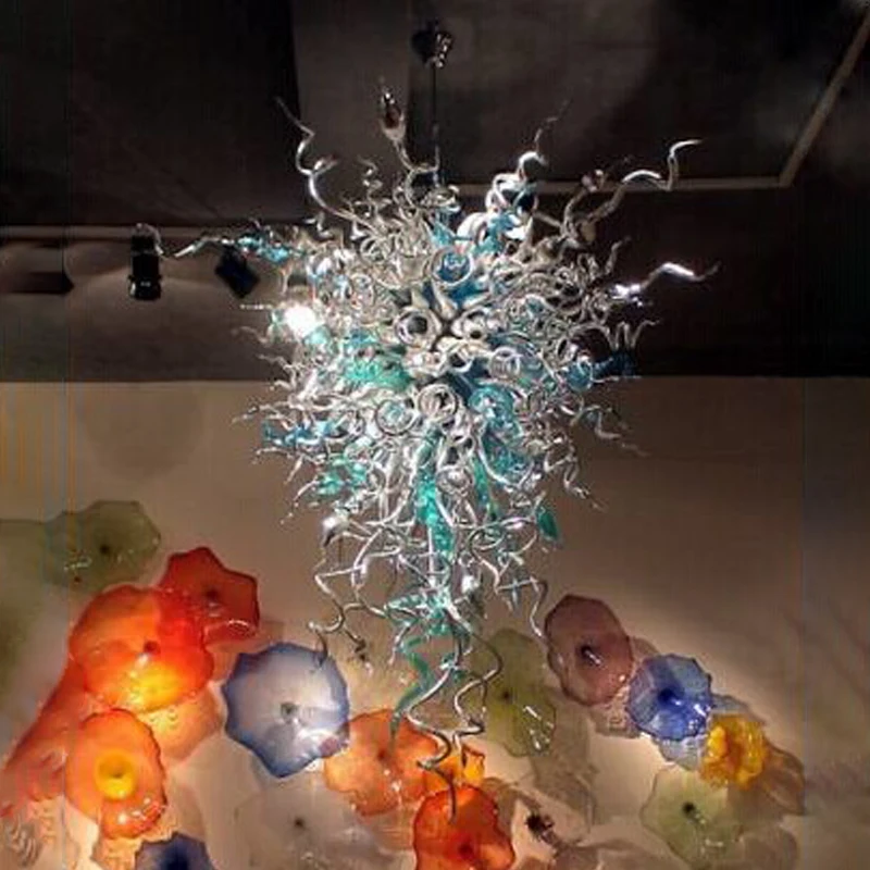 

Luxury Hotel Villa Chain Pendant Lamps Turquoise Smoke Grey Color Hand Blown Murano Glass Chandelier Lighting Decorations 110 CM