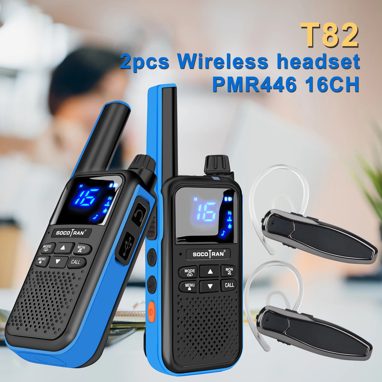 SOCOTRAN T82 Walkie Talkie 2pcs Wireless headset PMR446 16CH Portable two way radio earpieces Bluetooth-compatible  Radio