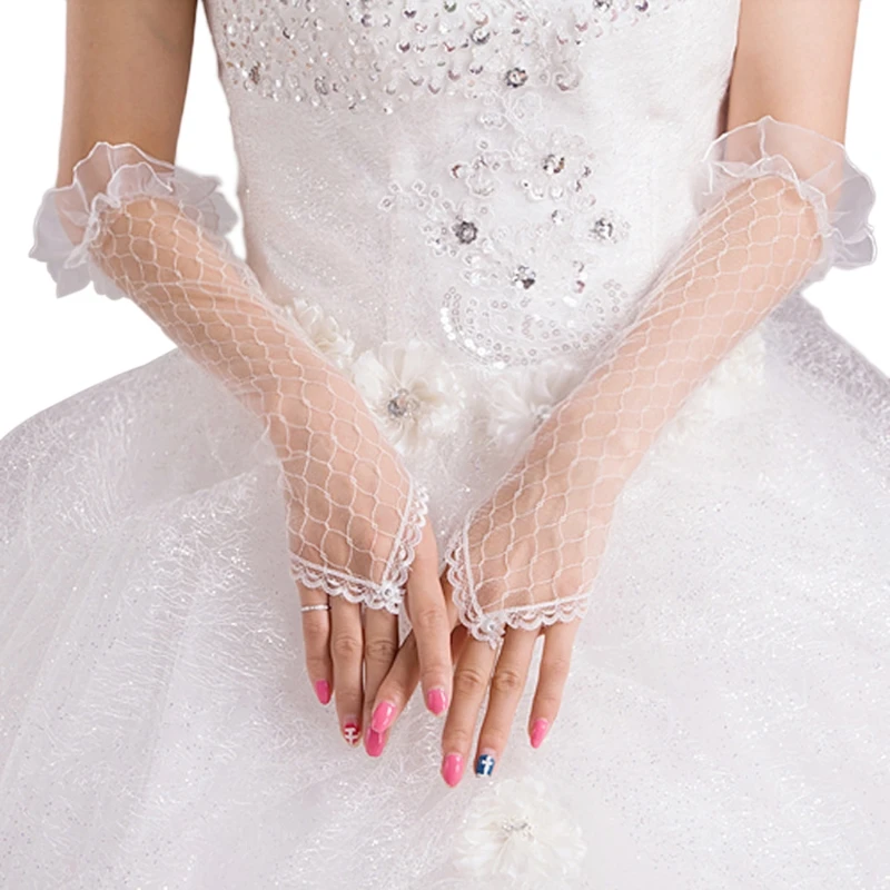 Guanti da sposa da donna in maglia di pizzo senza dita lunghezza gomito guanti lunghi festa di nozze