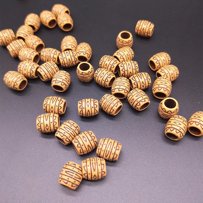 50pcs 11x10mm Plastic Imitation Wood Barrel Beads Large Hole Retro Ripple Craft Beads DIY Making Crafts Jewelry Accessories