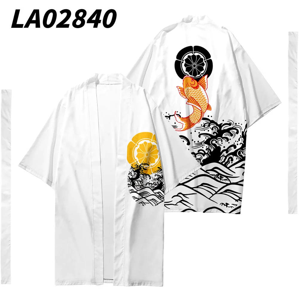 

Wave Carp Flower Printed Long Style Kimono Beach Cardigan With Belt Japanese Couple Women Men Casual Asian Clothes Harajuku
