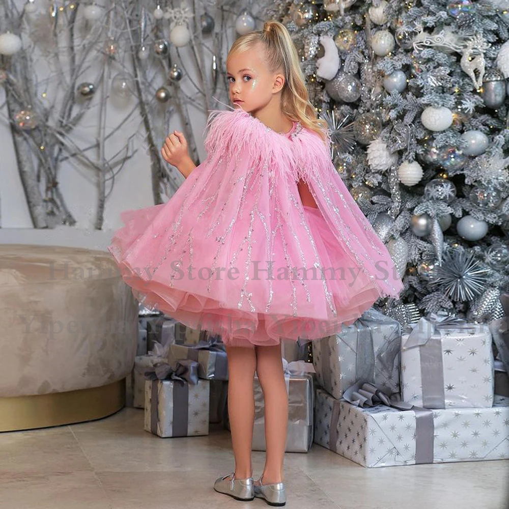 Girl's Winter Party Dresses with Feather Cape Beading Sequin Ball Gown Baby  Birthday Tutu Gowns Mini Flower  Dress