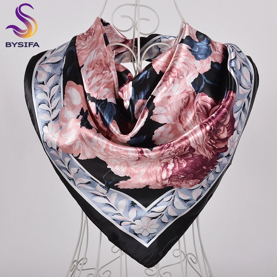 BYSIFA New Accessories Women Wine Red Silk Scarf Cape Fashion Chinese Rose Satin Square Scarves Shawls Ladies headkerchief Hijab