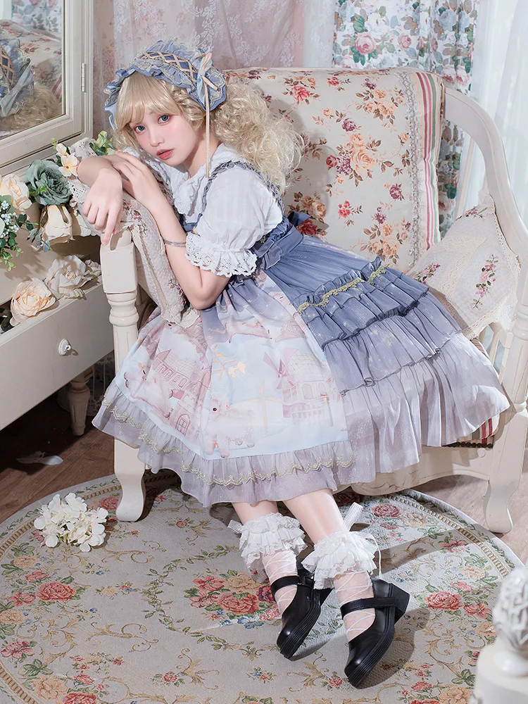 Lolita Cute Sweet Princess Tea Party Sling Dress High Waist Cute Printing Victorian Dress Kawaii Girl Gothic Lolita Cos Loli