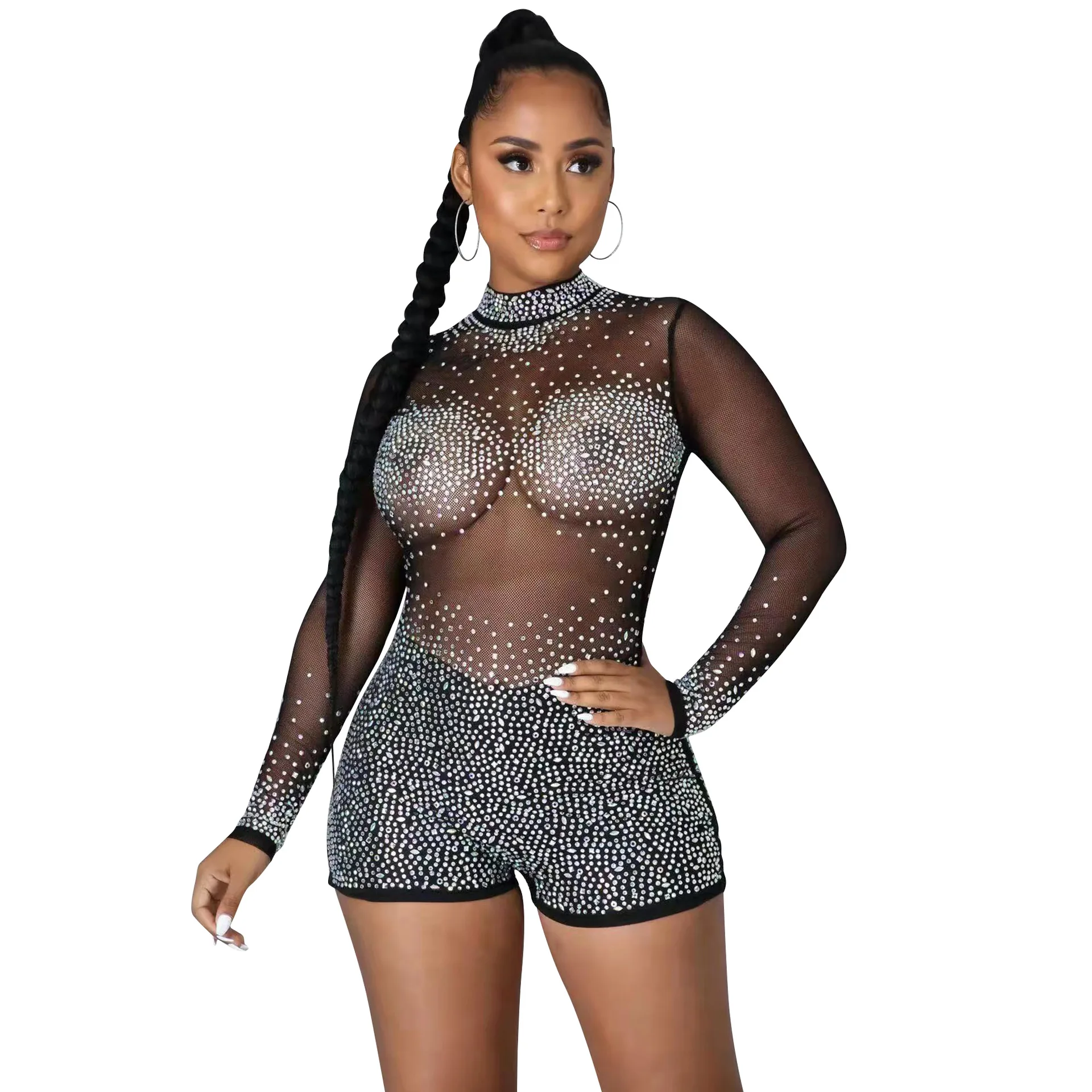 

Sexy Black See Through Rhinestone Bodysuit Club Short Jumpsuits Women Summer Long Sleeve Bodycon Party Rompers Jumpsuit Overalls