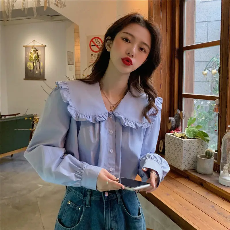 Shirts Women Ruffles Korean Preppy Style Sweet Chic Spring Solid Casual Cozy Simple All-match Mujer Ropa Retro Female Clothing