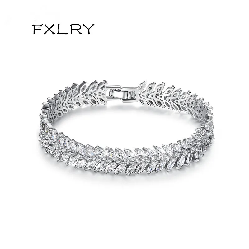 

FXLRY New Arrival Fashion Women OL White Color AAA Cubic Zircon Geometric The Leaves Bracelets Jewelry Free Shipping