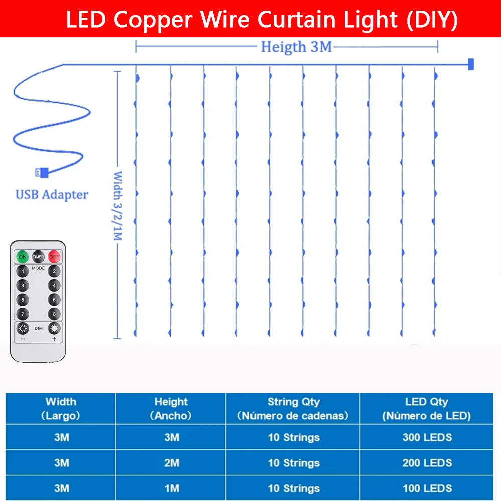 3M LED Copper Wire Curtain  String Lights Christmas Fairy Lights Garland Festoon Outdoor Home For Wedding Party Room Decoration