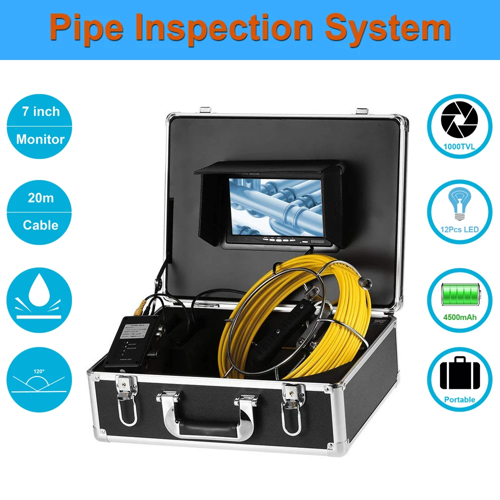 

8GB SD Card With DVR 20-50m Cable 1000TVL Pipe Video Camera 7" LCD 23mm Industrial Sewer Endoscope System For Drain Inspection