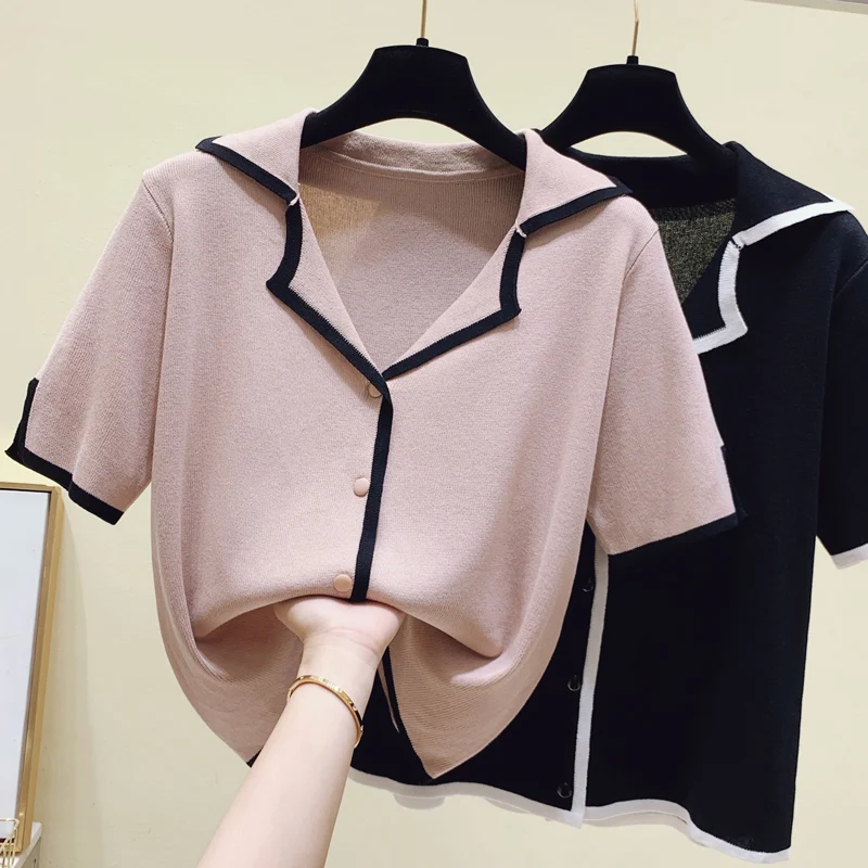 Summer Pullover Ribbed Knitted Sweater Thin Clothes Women 2023 V Neck Short Sleeve Slim Basic Woman Sweaters Short Tops Crop Top