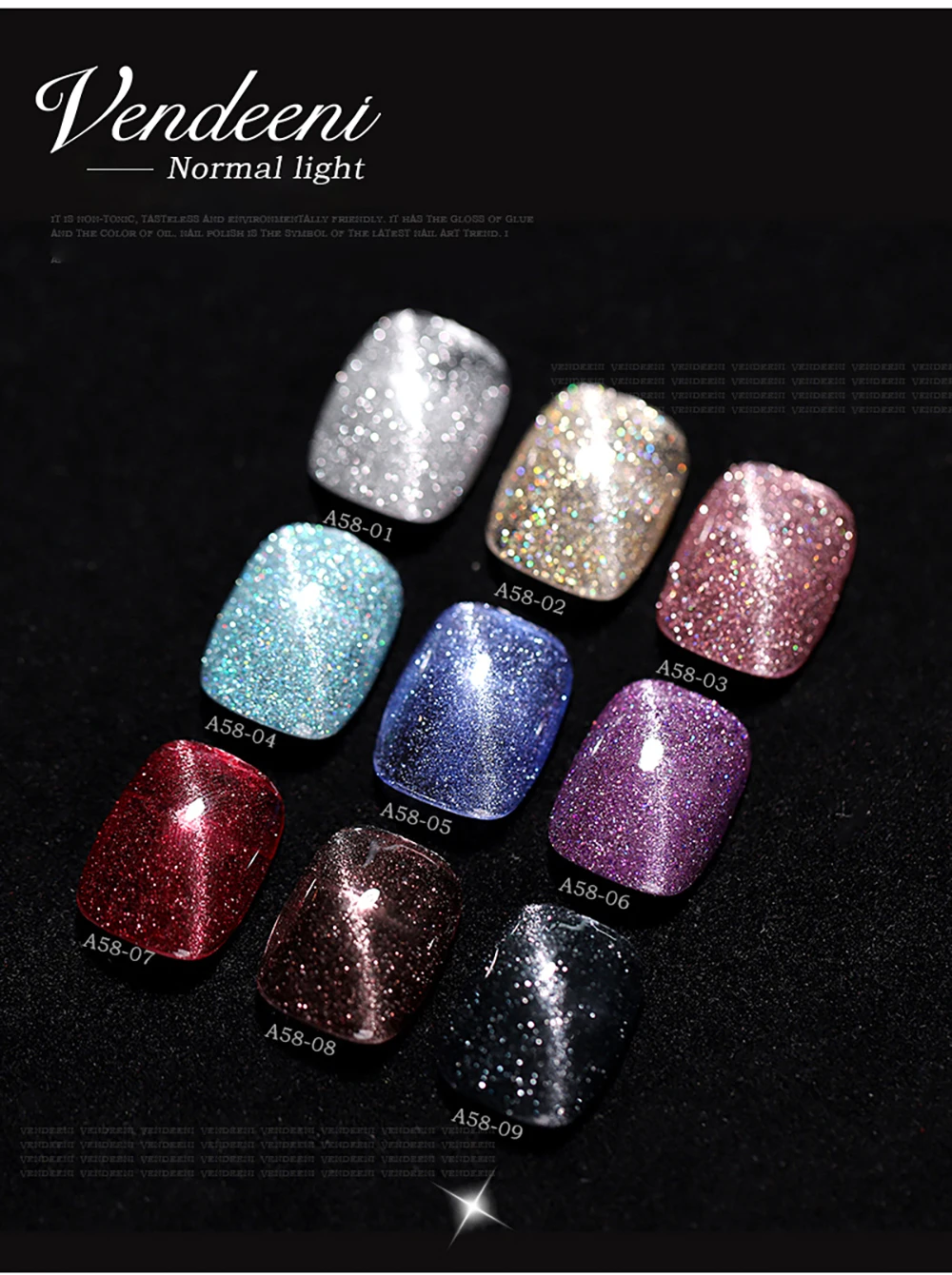 Vendeeni 9 Farben Laser Broken Diamond Cat Eye Gel Nagellack Magnetischer UV LED Soak-Off Gel Lack Glitzer Nagelkunst Gel Nagellack – Detail 10