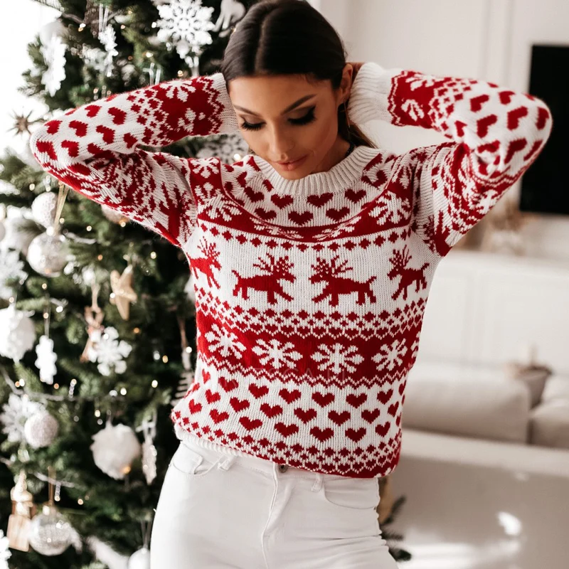 Autumn Winter Christmas Sweater Ladies Women Knitted Pullover Women Sweater Snowflake Elk Print Sweaters Jumper