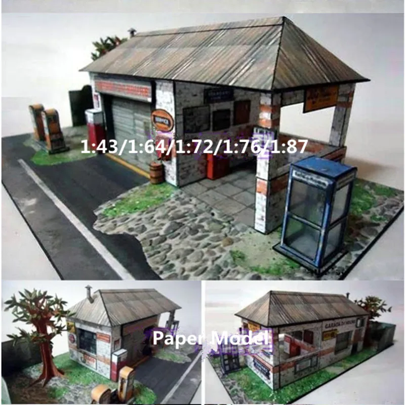 1:43/64/72/76/87 Scale Handmade Old Gas Station Model Paper Car Garage Model for Sand Table Model