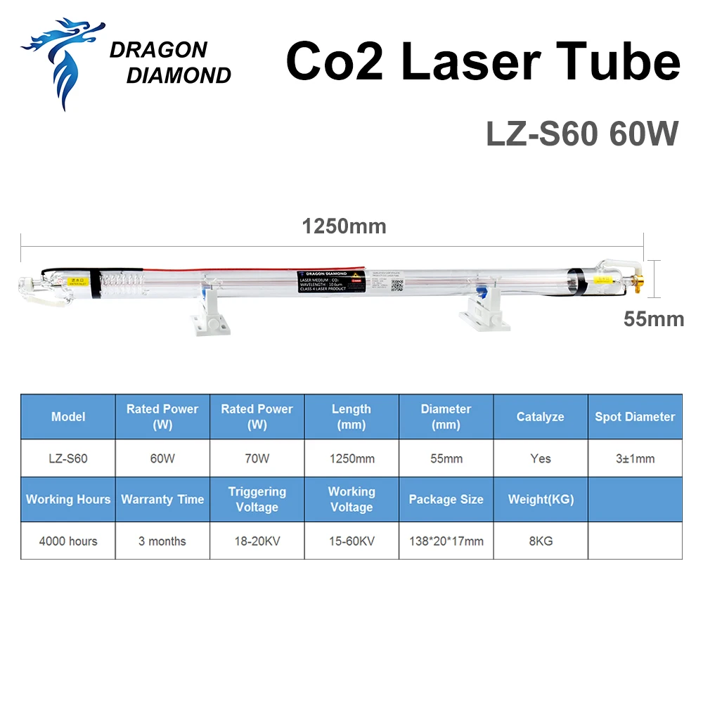 التنين الماس 60 واط CO2 ليزر أنبوب طول 1250 مللي متر Dia.55mm المعادن رئيس زجاج الأنابيب لآلة ليزر CO2