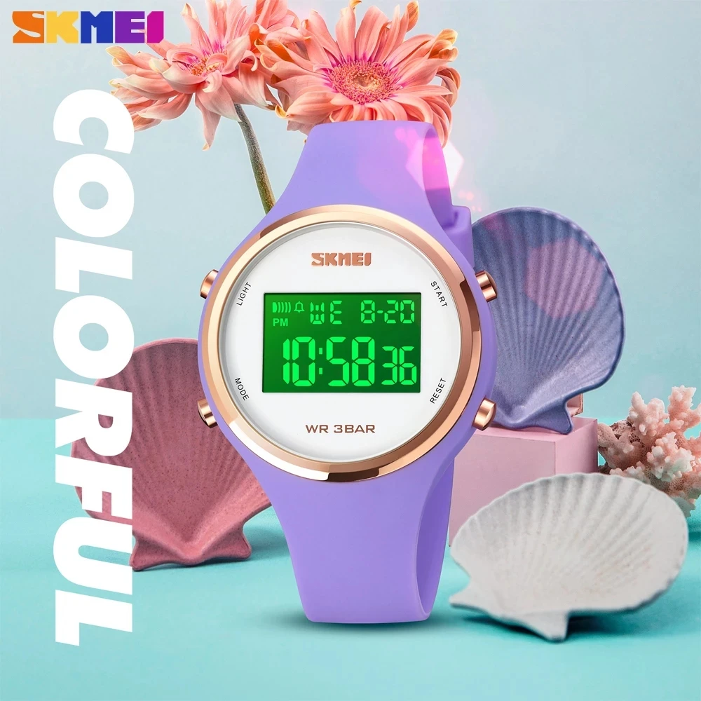 Skmei-relógio eletrônico feminino com display led, silicone, cor preta, alarme digital, presentes