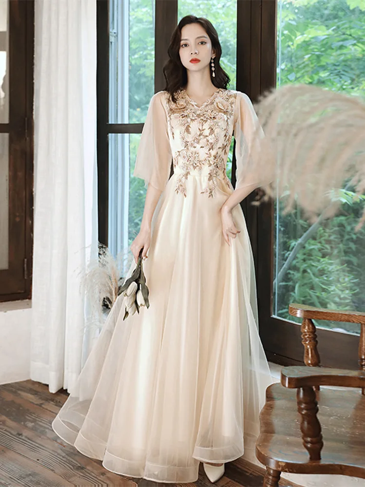 

2021 New Fashion Champagne Evening Dress Half Sleeve a Line Floor Length Prom Dress Applique Banquet Party Dresses