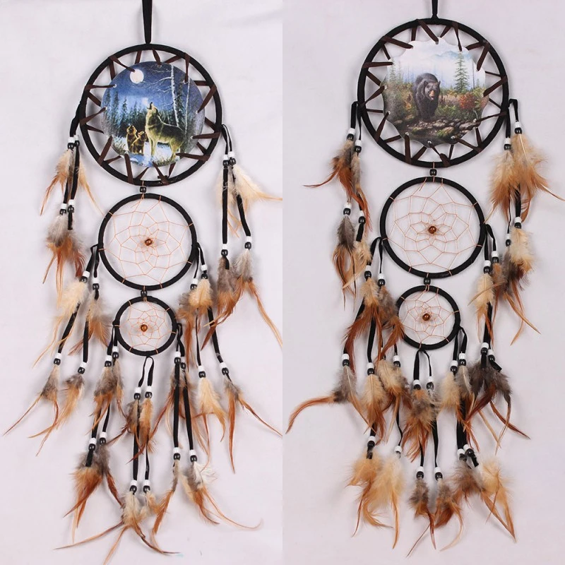 Handmade Dream Catcher Creative Wall Decorations Wolf Pattern Boho Dreamcatcher Retro Feathers Ornament Home Room Hanging Decor