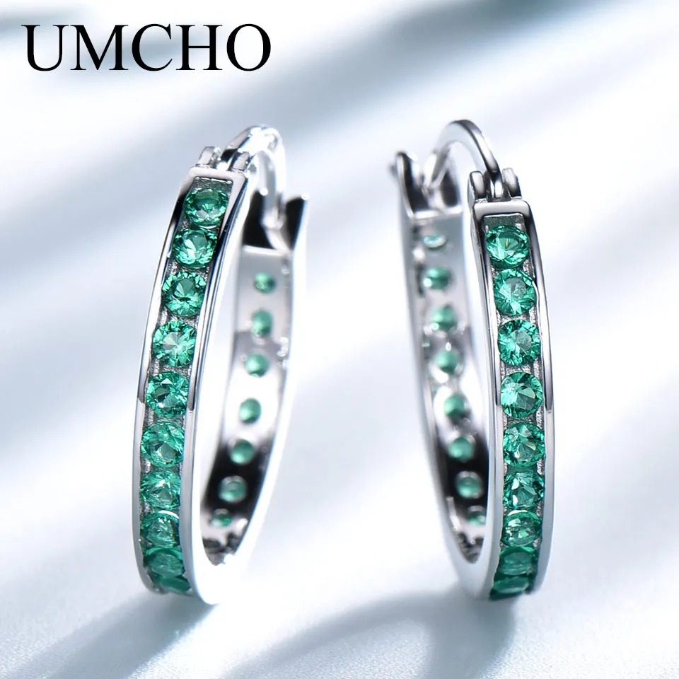 

UMCHO Solid Silver 925 Jewelry Fine Green Created Nano Emerald Clip Earrings For Women Party Birthday Gifts Charms Fine Jewelry