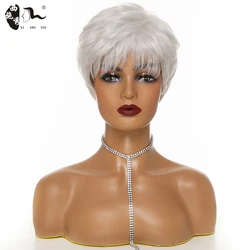 White Color Short Pixie Cut Synthetic Wig For Women Natural Wavy Puffy Hair With Bangs Heat Resistan Fiber Mommy Daily Wear Wigs