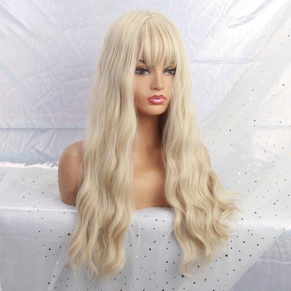 ALAN EATON Long Light Blonde Wigs with Bangs Heat Resistant Synthetic Wavy Wigs for Women African American fashion hairs Peruca