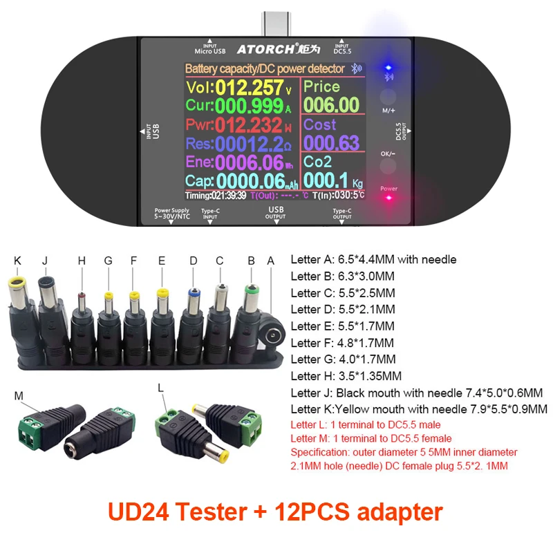 DC5.5 Typ-C USB-Tester Digitales Voltmeter Amperemeter Powerbank Batteriespannungsdetektor Volt-Elektromessgerät + DC-Adapter