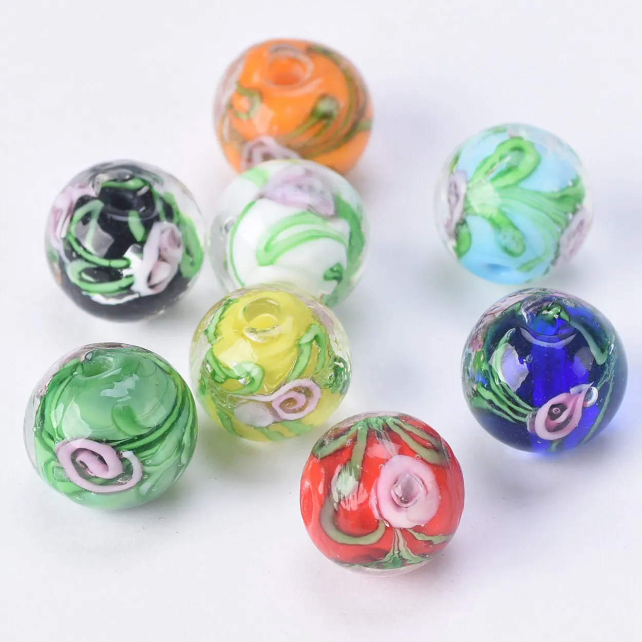 Redondo 12mm padrão de flor artesanal lampwork vidro grânulos soltos para joias que fazem diy artesanato descobertas