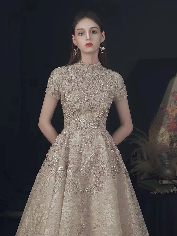 Robe de Soirée Longue en Dentelle à Manches Courtes, Tenue Luxueuse, Élégante, Perlée, Col Haut, Ligne A, Mariage, Bal de Célébrité, Quelle que soit