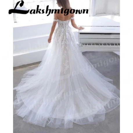 Luxuoso laço tule querida andar de comprimento fora dos ombros vestido de baile vestido de casamento feito sob encomenda vestido de casamento